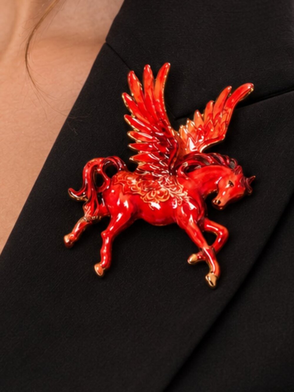 Fire Red Pegasus Brooch Pin Winged Horse Gold Enamel Fantasy Mythical Jewelry